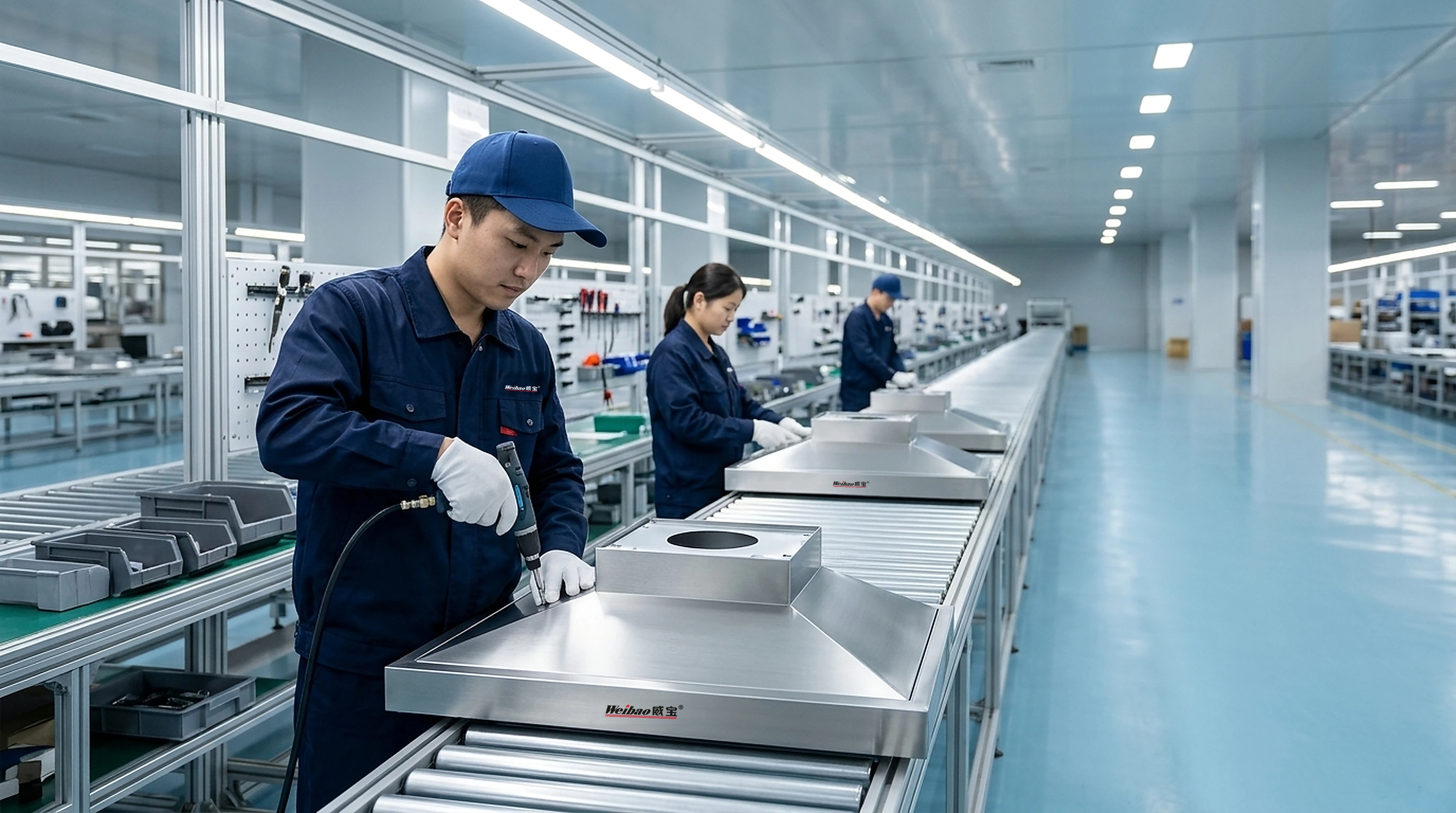 现代化厨房电器生产线与专业技师产品装配
